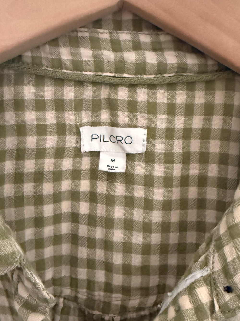 Anthropologie Pilcro Olive Gingham Puff-Sleeve Button-Down Shirt - Picture 5 of 6